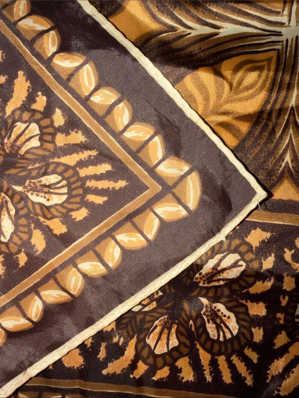 Vintage Polynesian Tapa Siapo Print Square Silk Scarf Earthy Brown Gold Boho